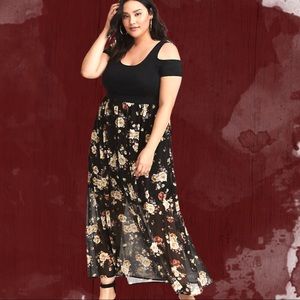 Black Floral Cold Shoulder Maxi Dress